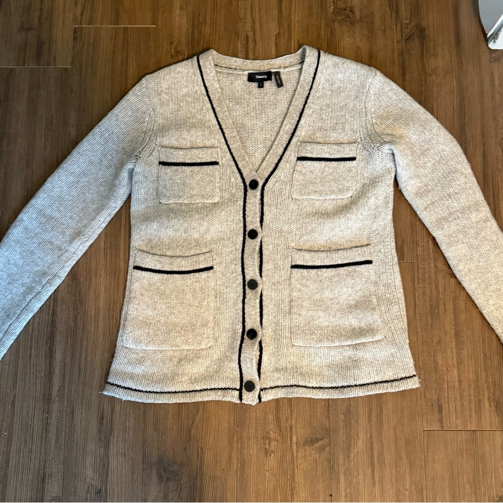 Theory Light Taupe Melange/Black Cardigan Sweater size P (XS) - Picture 4 of 13